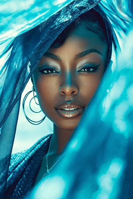 A glamorous Black woman with a silk press hairstyle and mahogany red tones, exuding subtle confidence in a high-fashion portrait with a beachside breeze and cinematic lens flare.