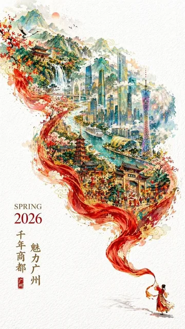 A 2026 Guangzhou city poster with a festive yet elegant New Year atmosphere, featuring double exposure and a flowing S-curve composition. A miniature figure in traditional Chinese
