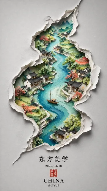 Minimalist Chinese poster with a grey-white background, featuring an S-shaped tear that reveals a colorful oriental landscape with a blue river, green hills, traditional buildings,