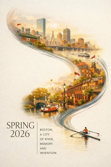 A sophisticated Spring 2026 city poster for Boston, showcasing iconic landmarks within a flowing river design on a textured off-white background with a single sculler in the foregr