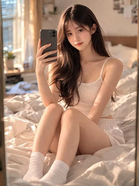 A beautiful 18-year-old Chinese girl with realistic skin texture takes a mirror selfie with her smartphone while sitting on a messy bed in her bedroom, bathed in golden hour light.