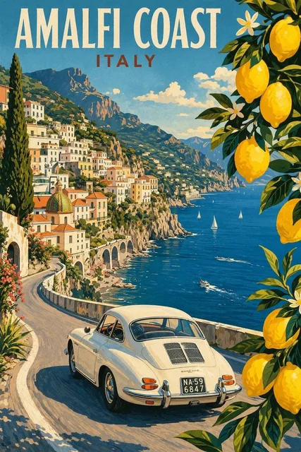 Modern pencil illustration of a vintage travel poster for the Amalfi Coast, Italy, featuring a classic white car on a scenic coastal road with lemon trees in the foreground.