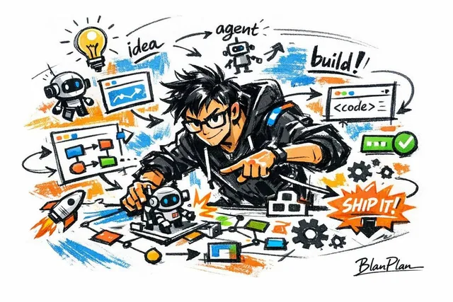 A dynamic doodle sketch of an AI builder, characterized by loose, expressive lines, gestural strokes, and a raw, unfinished aesthetic, with minimal background elements and a subtle