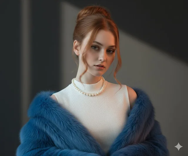 Ultra-realistic portrait of a glamorous young woman with a confident expression, wearing a white high-neck dress and a blue fur coat, with a pearl necklace and elegant updo.