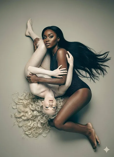 Overhead shot of two women intimately intertwined, one with deep brown skin and flowing black hair, the other with pale skin and voluminous blonde hair, both covered in glitter and