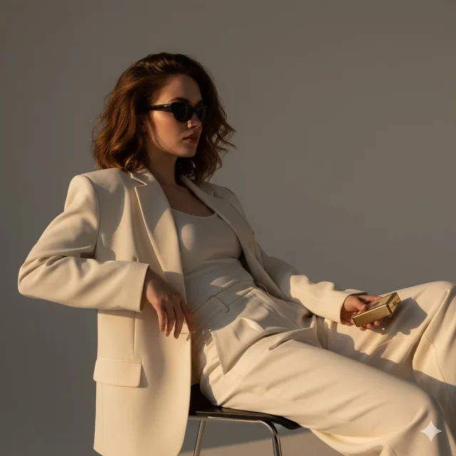 A woman in an off-white oversized blazer and tailored trousers, wearing black sunglasses, sits confidently in a studio with dramatic sunset lighting creating deep shadows.