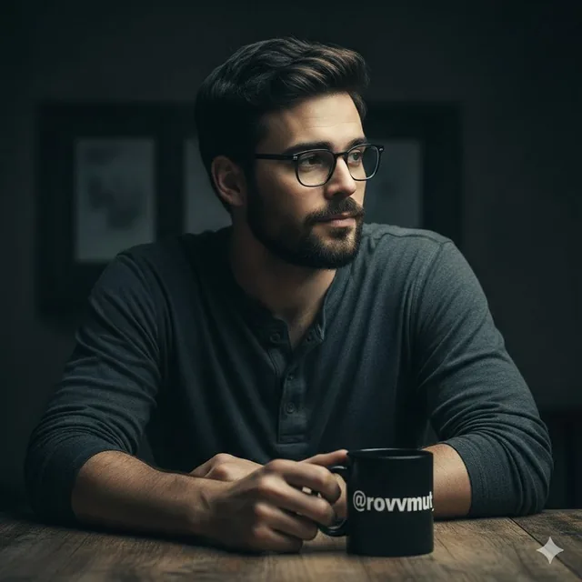 Cinematic, hyper-realistic portrait of a man with rugged stubble, wearing a Henley shirt, resting his arms on a wooden table next to a dark ceramic mug with '@rovvmut_' written on