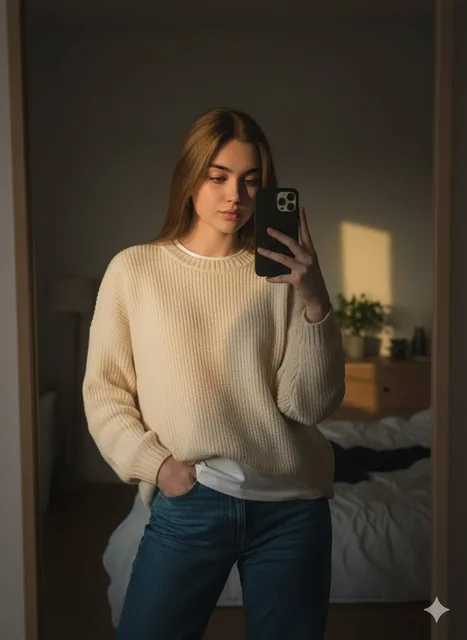 Ultra-realistic mirror selfie of a stylish young woman wearing a white sweater and jeans, holding an orange iPhone 17, with glasses, in a moody indoor setting.