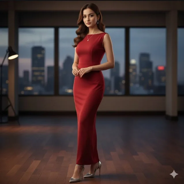Full-body studio portrait of a beautiful young woman with long wavy brown hair, wearing a red evening gown and silver jewelry, standing in a penthouse with a city skyline view at t