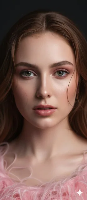 Close-up portrait of a woman with dark hair, her face glowing and slightly wet with subtle pink eyeshadow and light pink lips, wearing pink feathery attire.