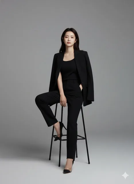 A young woman with loose hair, wearing a black blazer, tailored pants, and high heels, sits confidently on a tall wooden stool with a black metal frame against a smooth gray gradie