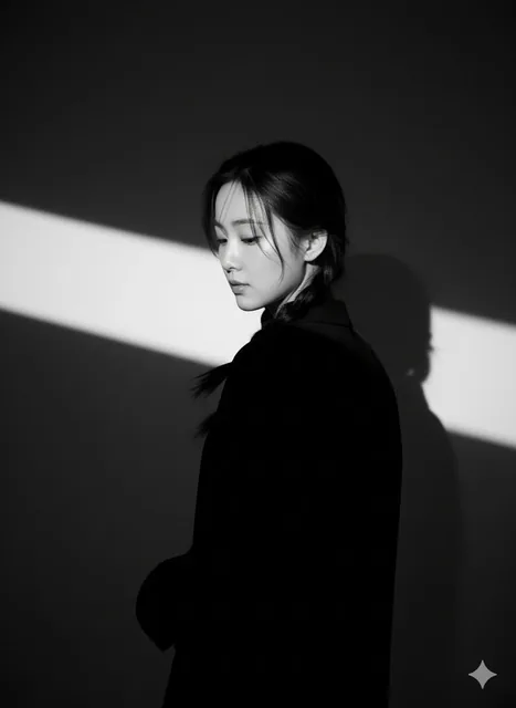 A dramatic black and white studio portrait of a person from the waist up, seen from the back with their head turned to show a partial profile, illuminated by sharp side lighting cr