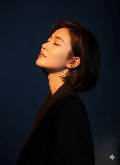 Cinematic side portrait of a young woman with her head tilted back and eyes closed, illuminated by a warm spotlight creating dramatic orange highlights against a dark blue backgrou