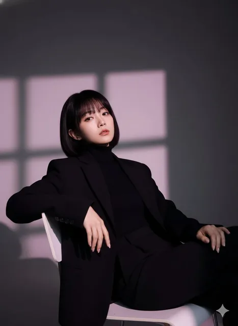 Cinematic portrait of a young woman with a melon face, wearing a black turtleneck and blazer, sitting in a modern chair with dramatic pink and purple light casting geometric shadow