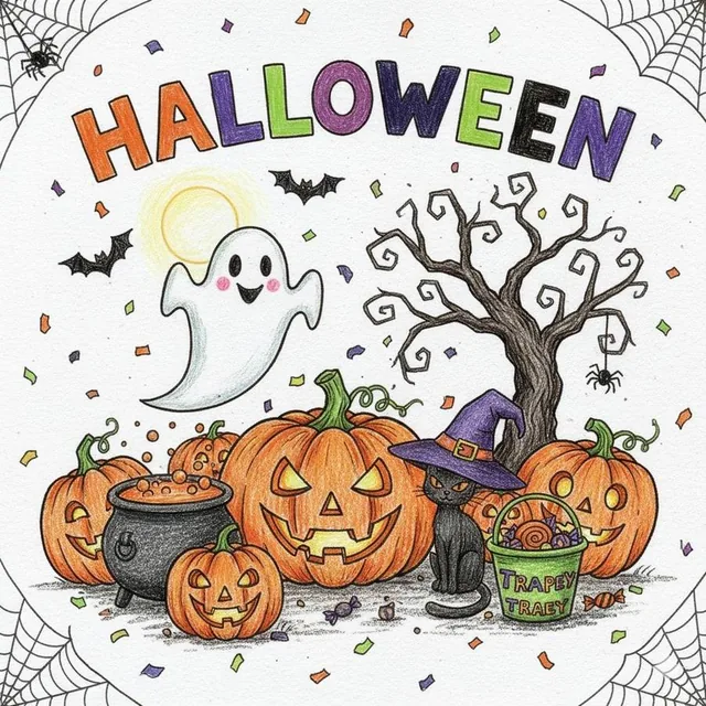 A neat, colorful crayon and colored-pencil drawing of [HOLIDAY], with the holiday name written in large crayon letters at the top, on white textured paper.