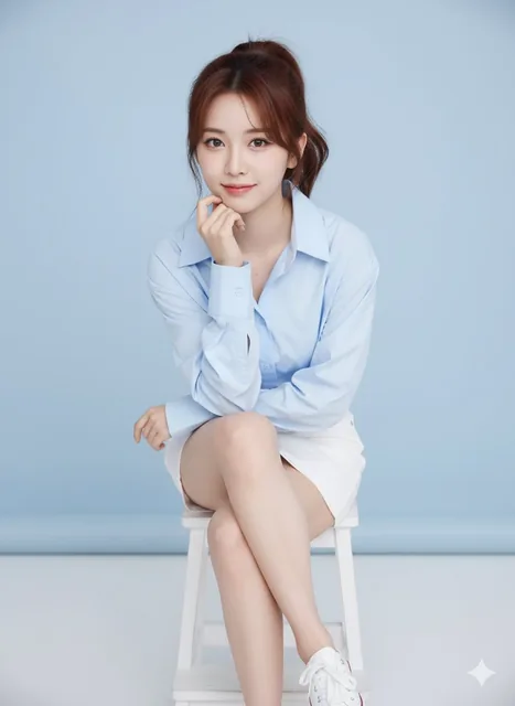 A young East Asian woman with fair skin and a playful smirk sits facing forward, her medium-length chestnut brown hair styled in a neat high ponytail with side bangs, wearing a pas