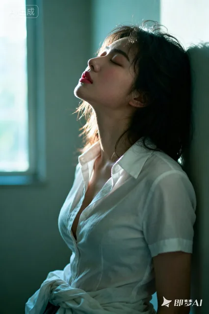 Medium close-up portrait of a Japanese woman with eyes closed and head tilted back, wearing a white shirt, illuminated by soft side backlight creating an airy, high-key, low-contra
