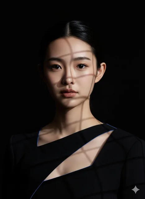 High contrast studio portrait of a person with strong facial features, wearing a black asymmetrical top with geometric cutouts, illuminated by hard grid spots and a subtle colored