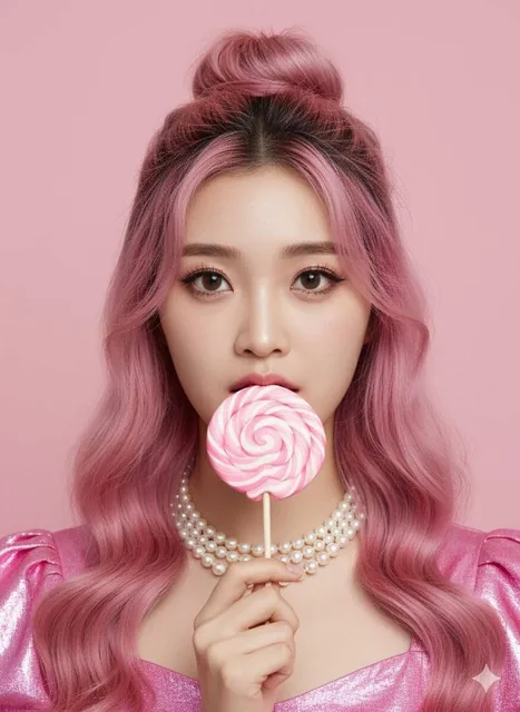 Close-up studio portrait of a young woman with two-toned pink and dark roots hair, wavy half-up style, holding a pink and white swirl lollipop, wearing a pearl necklace and shiny p