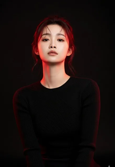 Hyperrealistic cinematic fashion portrait of a person with naturally messy hair, wearing elegant modern attire, illuminated by intense red side lighting against a deep black backgr