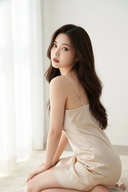A young East Asian woman kneeling on a plush white rug, looking over her shoulder with a sultry expression, wearing a champagne silk slip dress, bathed in soft diffused window light that creates flattering highlights on her hair and fair skin