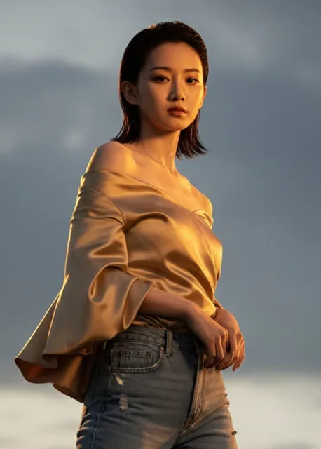 Ultra-photorealistic 8K cinematic portrait with dramatic cloudy background, warm golden rim lighting highlighting a model in gold satin off-shoulder top and ripped jeans, with slicked-back wet hair and flowing fabric