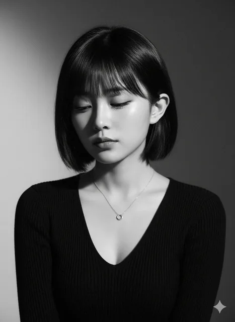 Black and white close-up portrait of a beautiful young Asian woman with short bob, eyes closed, and pouty lips, illuminated by dramatic side lighting in chiaroscuro style.