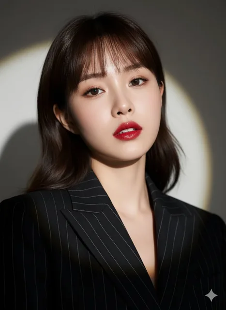Ultra-realistic close-up portrait of a confident person wearing a stylish black chalk suit with striking red lipstick, flawless radiant skin under dramatic fashion lighting with soft circular spotlight background