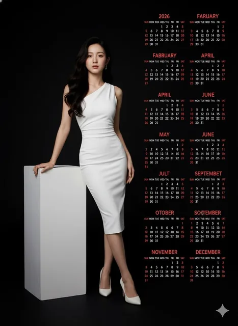 A confident woman in a white one-shoulder bodycon dress poses elegantly next to a white pedestal against a black background, surrounded by the 2026 calendar grid with red text marking the year and days of the week