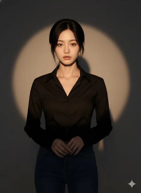 A young woman stands in a circular spotlight wearing a black button-up shirt and dark jeans, with hands clasped gently, creating soft shadows against a dark background in a contemplative mood
