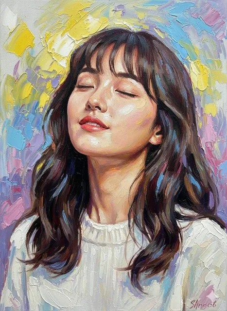 Portrait of a woman with abstract colorful brushstrokes in expressionist style, featuring intense emotions and serene upward gaze, created with heavily textured oil paint on canvas in bright atmosphere