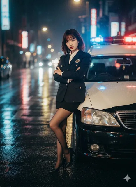 A young Japanese woman in a black police blazer with gold badge, standing confidently against a police car on a rainy night street, with red and blue lights reflecting off wet asphalt and neon signs in the background.