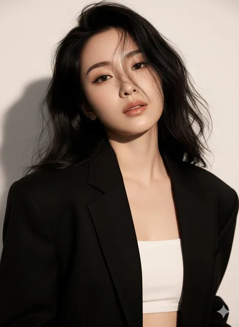 A high-fashion studio portrait of a woman with long messy black hair and same skin tone as the reference photo, wearing a black oversized blazer over a white tube top, posing with head tilted and a soft dreamy gaze at the camera.