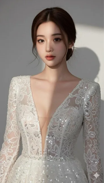 A hyperrealistic portrait of a beautiful woman in a high fashion editorial setting, wearing a deep white plunging V-neck lace sequined evening gown with an elegant low bun updo, set against a light grey background with soft studio lighting and dramatic shadowplay in 8K resolution.