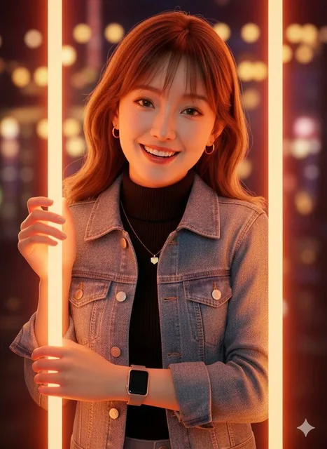 A hyper-realistic 3D digital illustration of a woman with natural facial features, smiling warmly as she leans through a glowing orange rectangular frame, wearing a denim jacket and subtle jewelry in soft vibrant lighting.