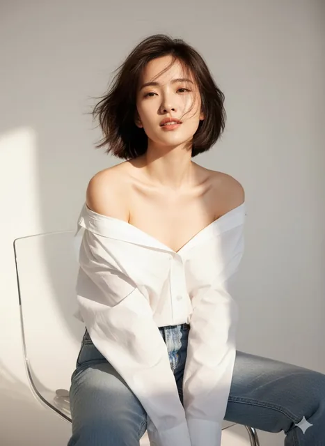 A photorealistic medium shot of a beautiful Asian woman with a short dark bob hairstyle blowing in the wind, sitting on a modern transparent chair, wearing an oversized white shirt off her shoulders and light-wash jeans, in a minimal studio with a bright off-white background and soft warm lighting.