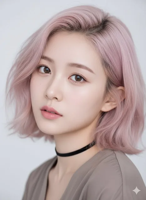 An extreme close-up photorealistic portrait of a stunning young East Asian woman with flawless porcelain skin, pastel pink wavy hair, large brown eyes, and soft pink lips, wearing a taupe shirt and black choker, set against a blurred off-white studio background with soft frontal lighting.
