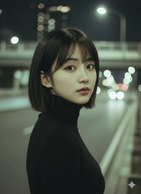 A photorealistic cinematic film still of a beautiful young East Asian woman with long dark hair and full bangs, looking back over her shoulder with a soft gaze, wearing a black turtleneck on a city street at night with shallow depth of field and dreamy bokeh background.