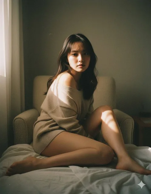 A vintage-style portrait of a woman in soft natural light, with low saturation tones and film grain effect, capturing a warm and intimate atmosphere through dynamic pose and eye contact with the viewer.