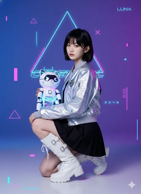 A full-body studio portrait of a handsome young East Asian woman kneeling on the floor in front of a gradient blue-purple backdrop with glitch effects, wearing a silver bomber jacket, black mini skirt, and white tech-wear boots, holding a glowing robotic cat plushie, with neon geometric patterns and