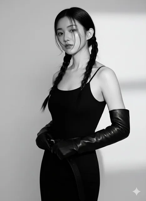 A woman stands confidently in a minimalist studio, shot from a low angle in a half-body portrait. She has braided pigtails with loose strands, a calm expression, and wears a black sleeveless dress and gloves, holding a belt. Dramatic lighting creates high contrast and rim light effects in a noir sty