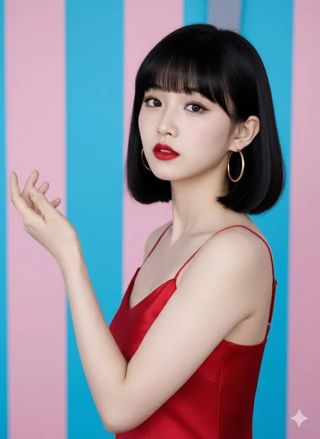 A young East Asian woman with a 1960s-style bob haircut, bangs, thick eyelashes, clear eyeliner, and bright red lipstick, wearing a red spaghetti strap dress and gold hoop earrings, her right hand raised with palm up, in a studio setting with soft, even lighting and a background of vertical pink and