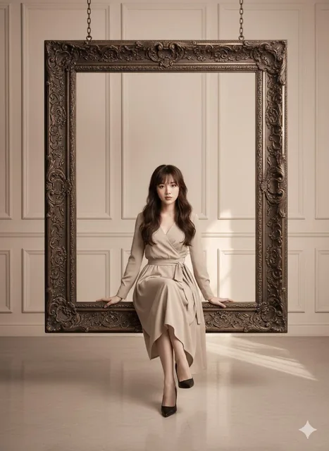A high-fashion portrait of a character sitting gracefully on the inner edge of an ornate Baroque frame, subtly suspended above a reflective floor in a monochromatic color theme with cinematic lighting and symmetrical composition.