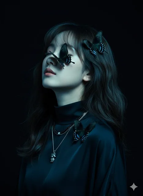 A vertical close-up portrait of a female model with eyes softly closed, head tilted back, wearing a high-neck top and layered necklaces, featuring three dark butterflies on her hair, eye, and collarbone, set against a deep black background with moody blue lighting.