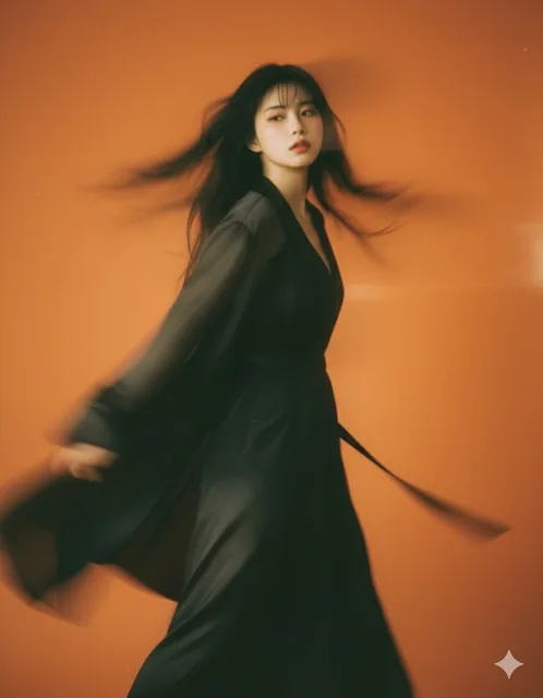 A panning shot of a mysterious female figure in a studio setting with solid orange background, featuring motion blur and a matte faded film effect, referencing the face from the uploaded image.