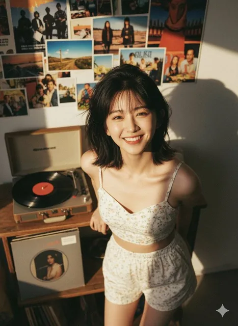 A short-haired woman looks up at the camera with a genuine, radiant smile, wearing a light floral two-piece set in a room with natural light, posters, and a vintage record player, captured from a high angle with warm cinematic tones.