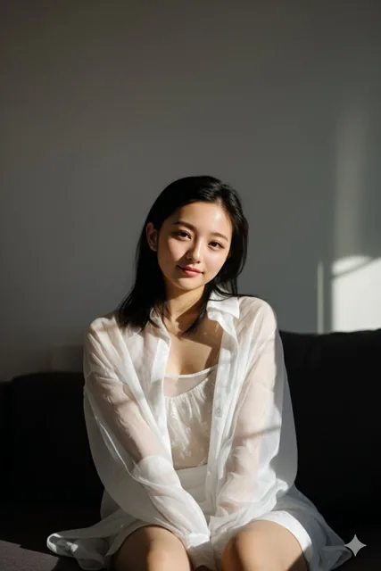 A young East Asian woman with shoulder-length dark hair sits on a dark sofa, illuminated by direct sunlight from a side window, casting sharp shadows on the wall, wearing a layered white outfit with a serene smile in a tranquil atmosphere.