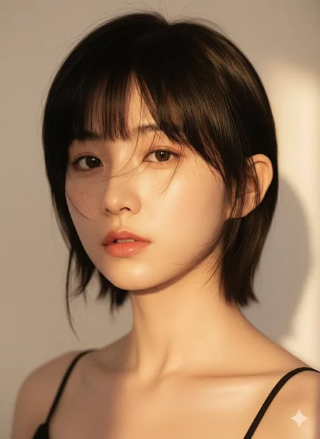 An extreme close-up portrait of a young East Asian woman in golden-hour sunlight, with sharp shadows from her hair partially obscuring one eye, dewy skin, glossy peachy-coral lips, and a vulnerable gaze, enhanced by warm color grading and film grain.