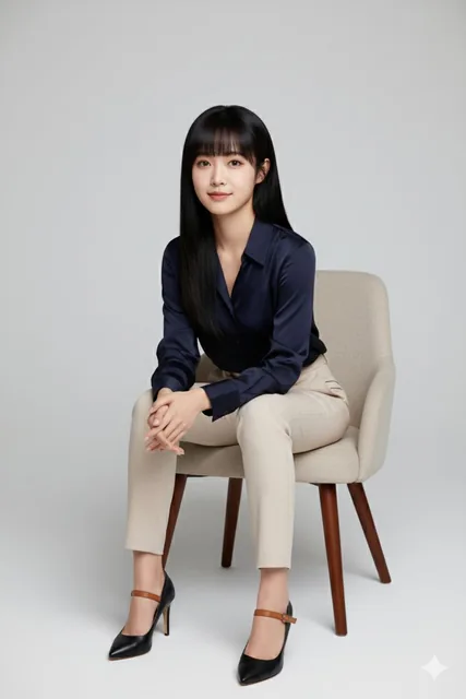 A confident young woman sits on a modern beige armchair with wooden legs, wearing a dark navy blue blouse and light beige trousers, gazing directly at the camera in a minimalist light gray background with soft studio lighting.