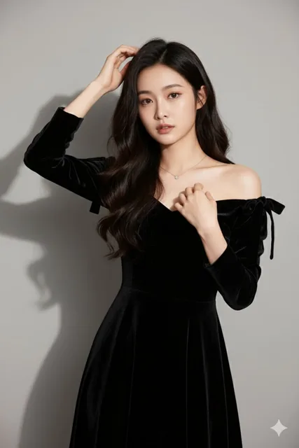 A realistic photograph of a young woman with long dark wavy hair posing in front of a plain grey wall, wearing a black off-shoulder dress with long sleeves tied at the shoulder straps and a delicate necklace, with her left hand touching her head and right hand touching her chest or left shoulder are